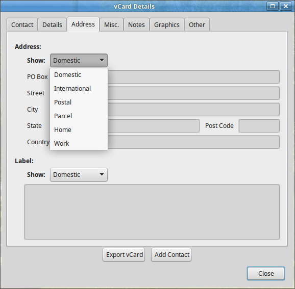 vCard Details - Address Pull-down Menu