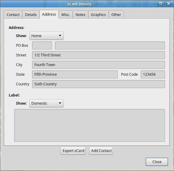 vCard Details - Address Showing Different Element