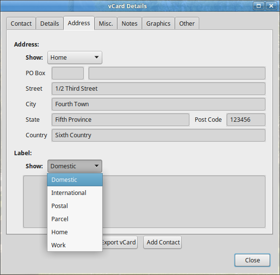vCard Details - Label Pull-down Menu